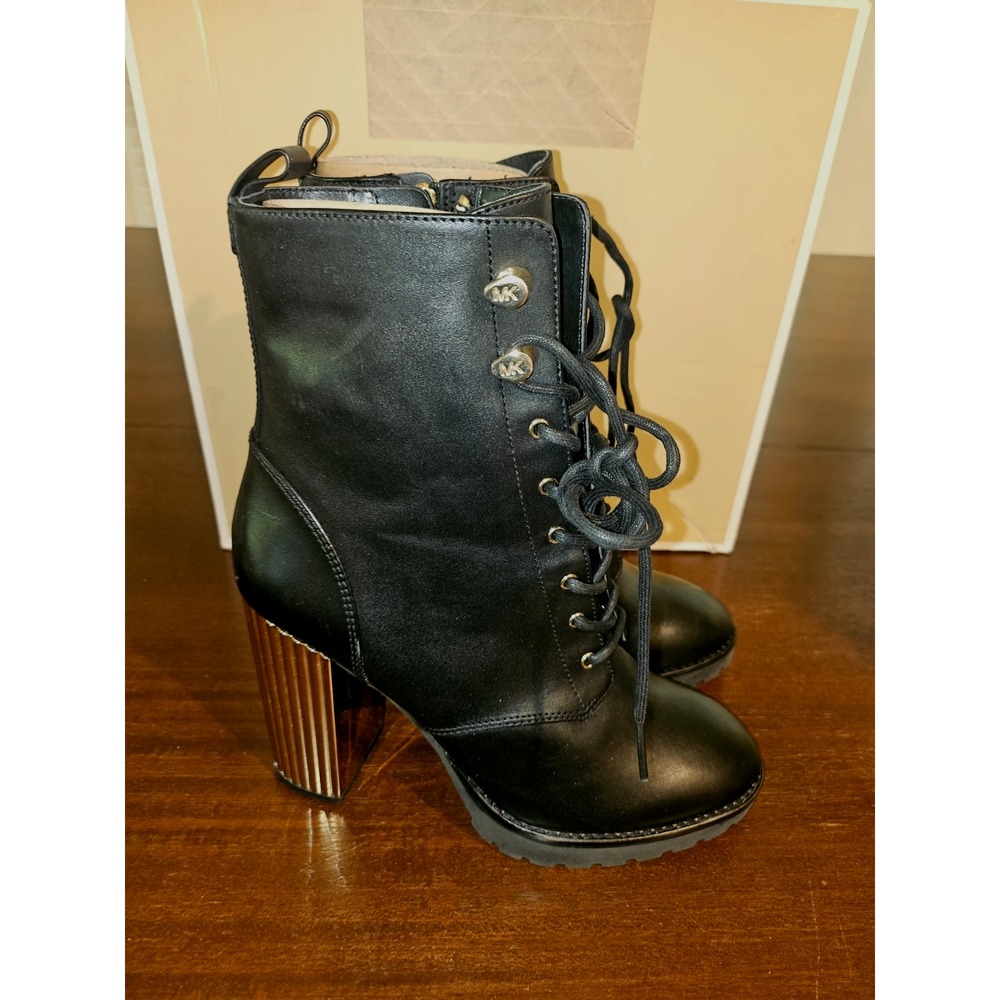 NEW MICHAEL KORS BLACK PORTER LEATHER LACE UP ZIP GOLD HEEL BOOTS SZ 8.5 - Picture 2 of 10